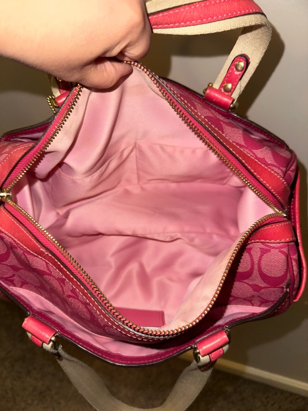 Coach Pink Signature Stripe Satchel with Cream Accents - Picture 7 of 8